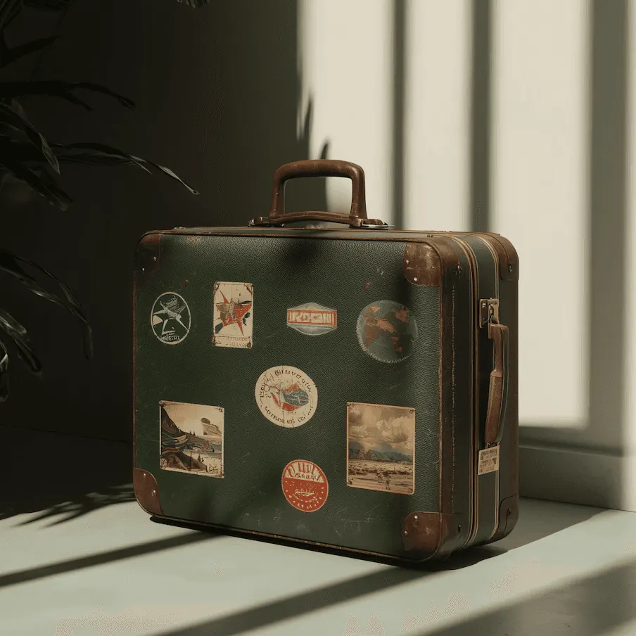 Packed suitcase with travel stickers